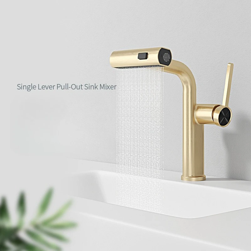 Bathroom Waterfall Basin Faucet Three Modes Pull-out Sink Mixer Deck Mounted Single Hole Sink Faucet Hot Cold Water Mixer Taps