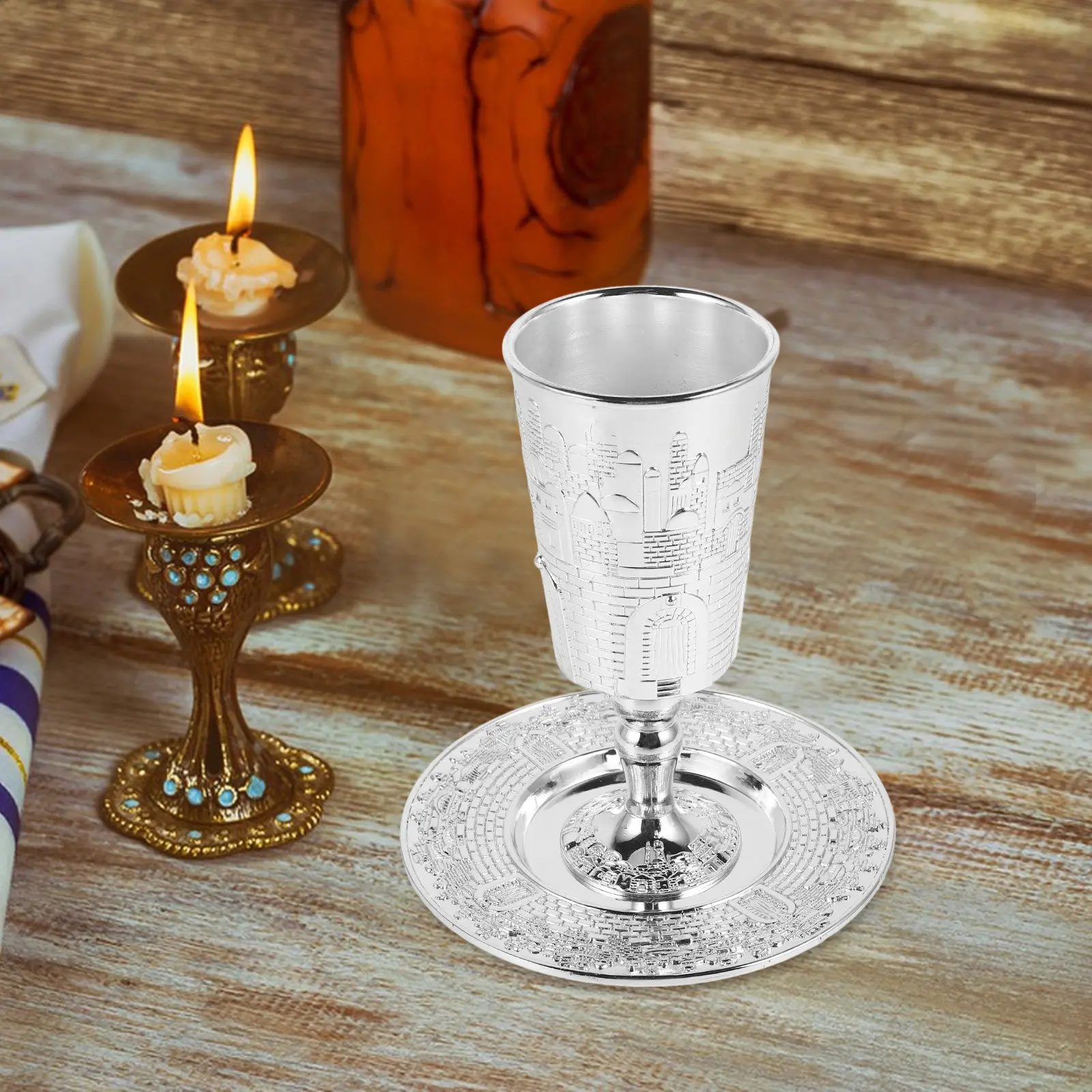 1Set Kiddush Cup Set Zinc Alloy Judaica Shabbat Holiday Metal Wine Cup Offering Supplies with Saucer Shabbat Holiday Decorations