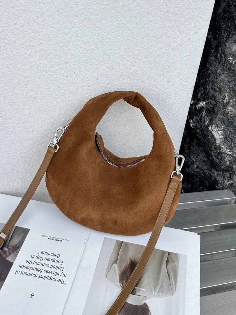 

2025 New Japanese Style Full Grain Suede Leather Crescent Moon Bag Unique Design Handheld Crossbody Bag Women Versatile Handbag