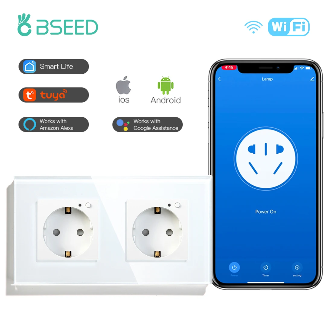 BSEED Smart Wifi Double Socket EU Standard Work With Tuya Alexa Smart Life Crystal Glass Panel Wifi Outltes Timer Function