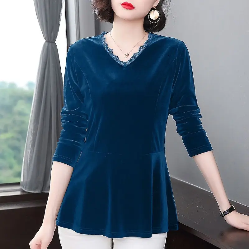 Casual Solid Color Pleuche Shirt Women\'s Clothing Commute Slim Waist Autumn Winter Elegant V-Neck Stylish Lace Spliced Blouse