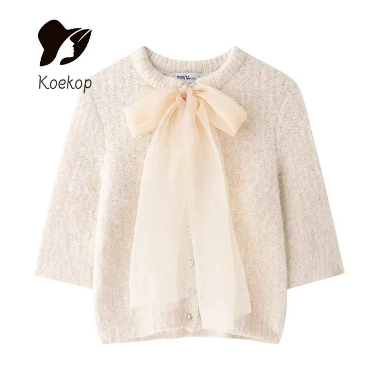 Koekop 2024 Women's Fashion Solid Color Tulle Bow Decoration Sweater Vintage Casual Women's Chic Lady Sweater