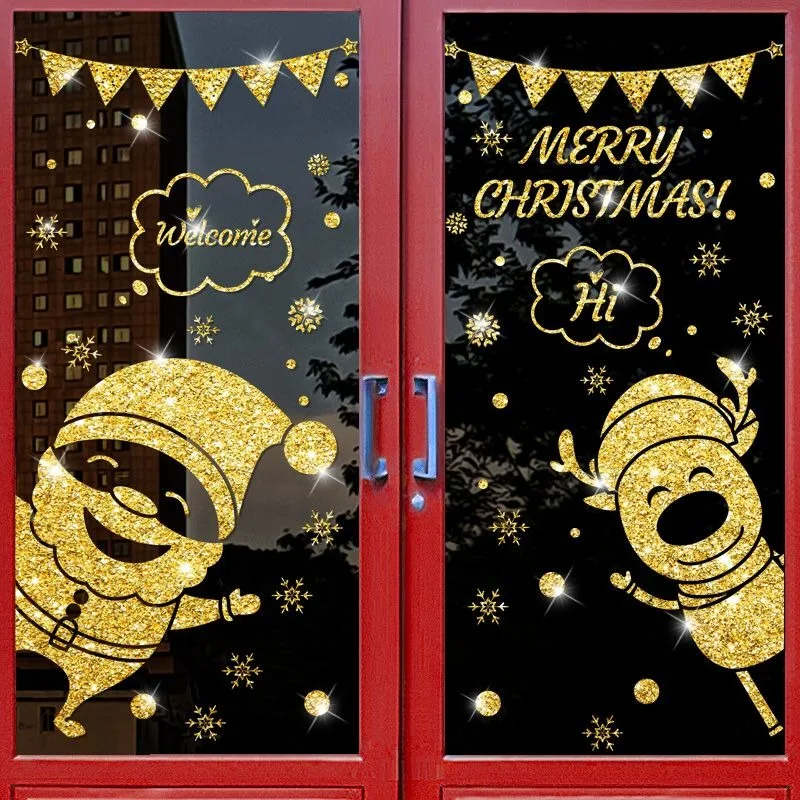 

Christmas Gold Glitter Window Stickers Back Glue Window Stickers Xmas Santa Elk Snowman Window Decals Decors for Home Ornaments