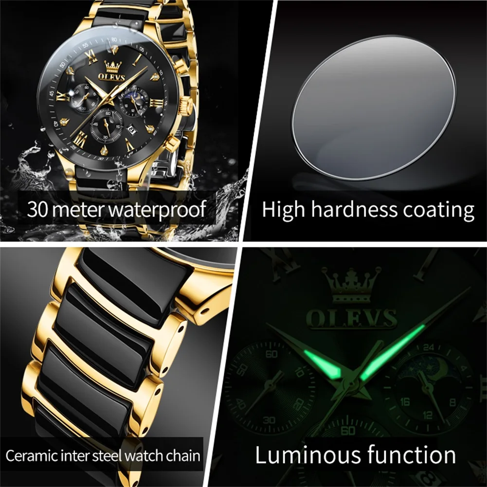 OLEVS 7004 New Roman Scale Quartz Watch For Men 44mm Big Dial Moon Phase Man Watches Ceramic Steel Strap Waterproof Hand Clock