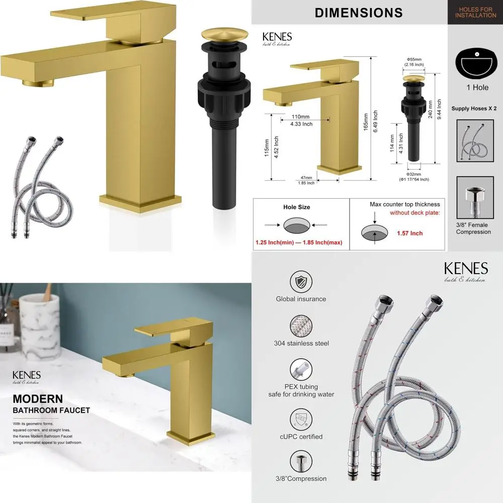 

Modern Gold Single Hole Faucet with Pop-Up Drain for Lavatory Sink, Including Hoses LJ-9031-4