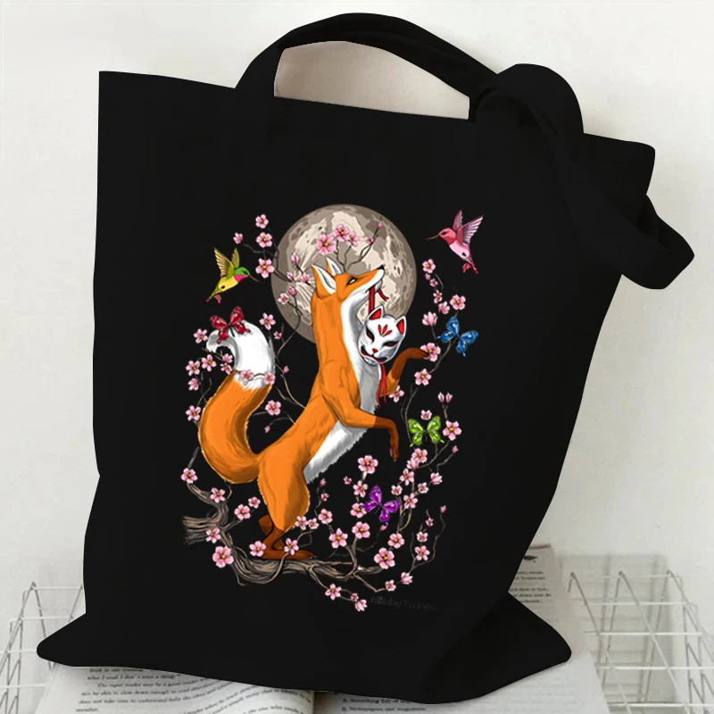 Sakura Fox Print Handbags Women Butterfly Wild Flower Shopper Shopping Bag Anime Animal Fox Reusable Fashion Trend Shoulder Bags