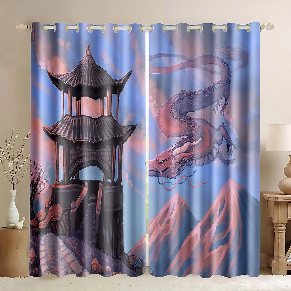 Ethnic Window Blackout Curtains,Chinese Ink Koi Carp Lychee Motif Heritage Oriental Eastern Illıstration For Living Room Bedroom