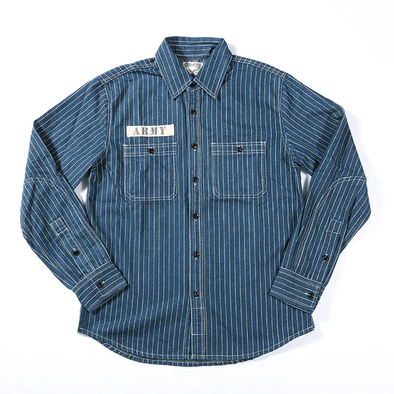 American Vintage Denim Shirt Men Casual Striped Long Sleeve Thick Work Male Spring Autumn Lapel Army Printed Mens s