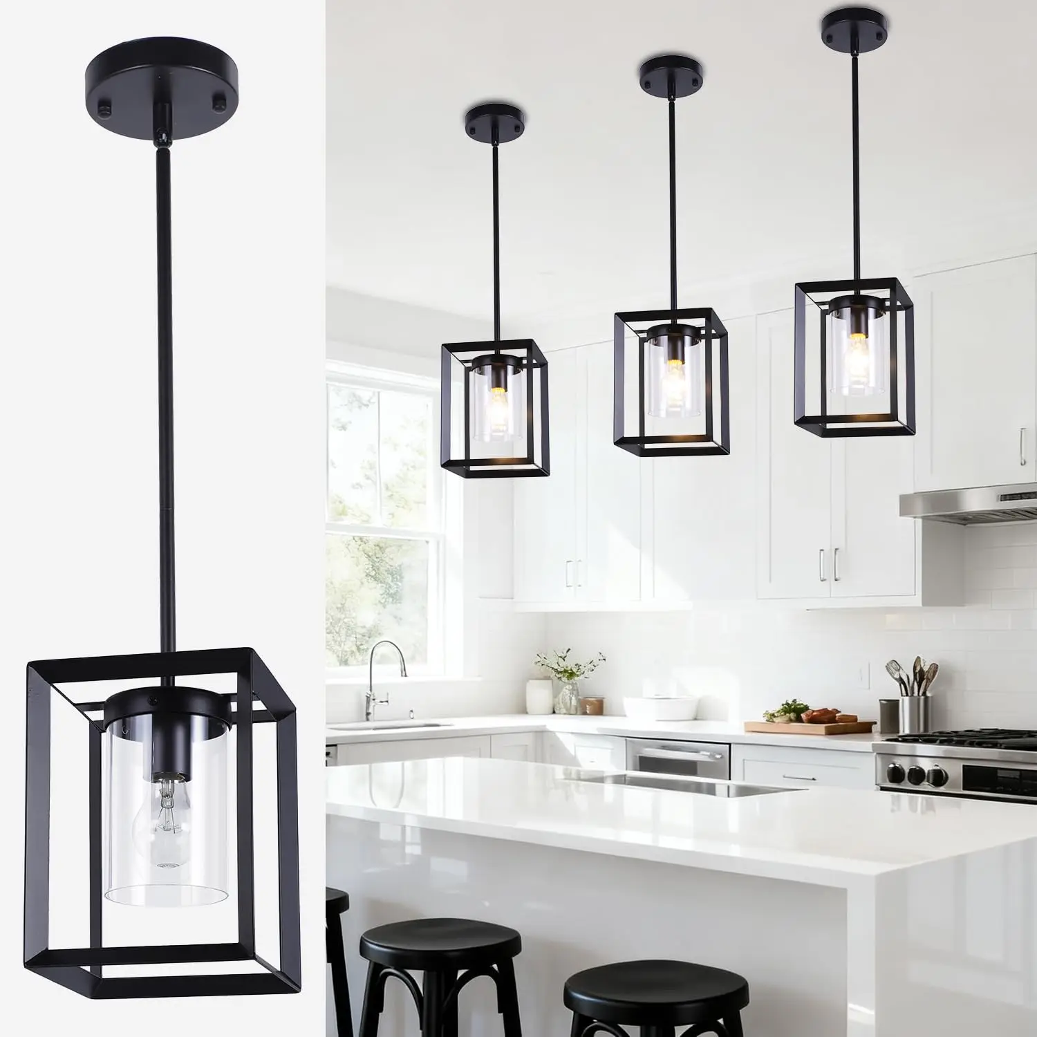 

3 Pack Black Pendant Lights for Kitchen Island, Farmhouse Iron Cage Metal Hanging Light with Clear Glass Shade