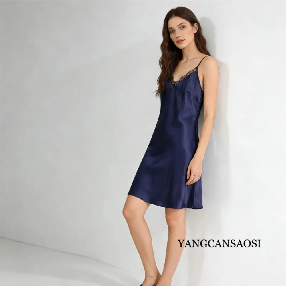 Abito in raso tinta unita in seta di gelso naturale al 100%, gonna con bretelle con scollo a V blu intenso con design casual in pizzo sexy da donna, 2026 Nuovo da donna