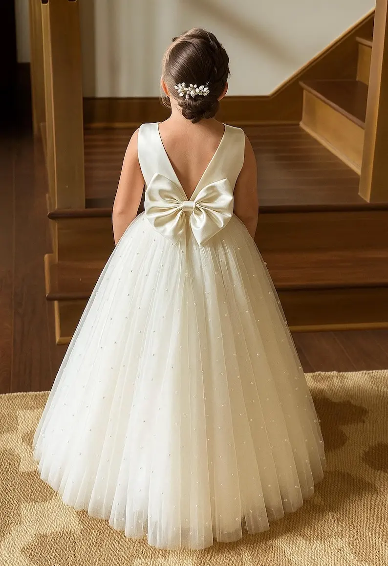 Pearl Tulle V-Back Ankle Length Wedding Flower Girl Trendy Summer Pageant Infant Toddler Princess Photoshoot Winter Girl Dress