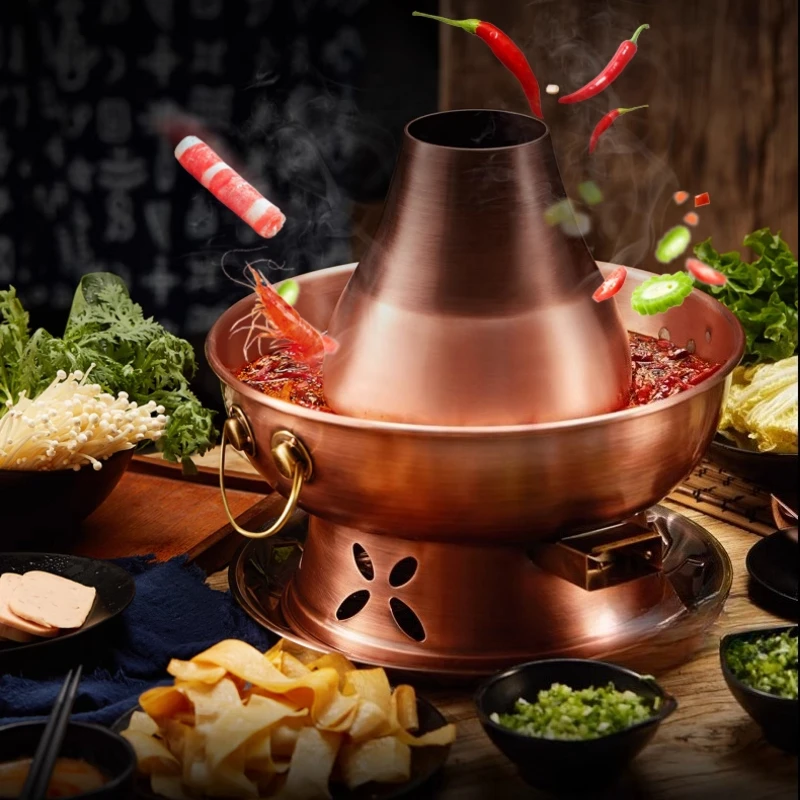 Olla de pato mandarín Vintage de cobre puro de doble propósito de carbón eléctrico, olla caliente de carbón estilo Beijing, aspecto Retro de Marvel moderno