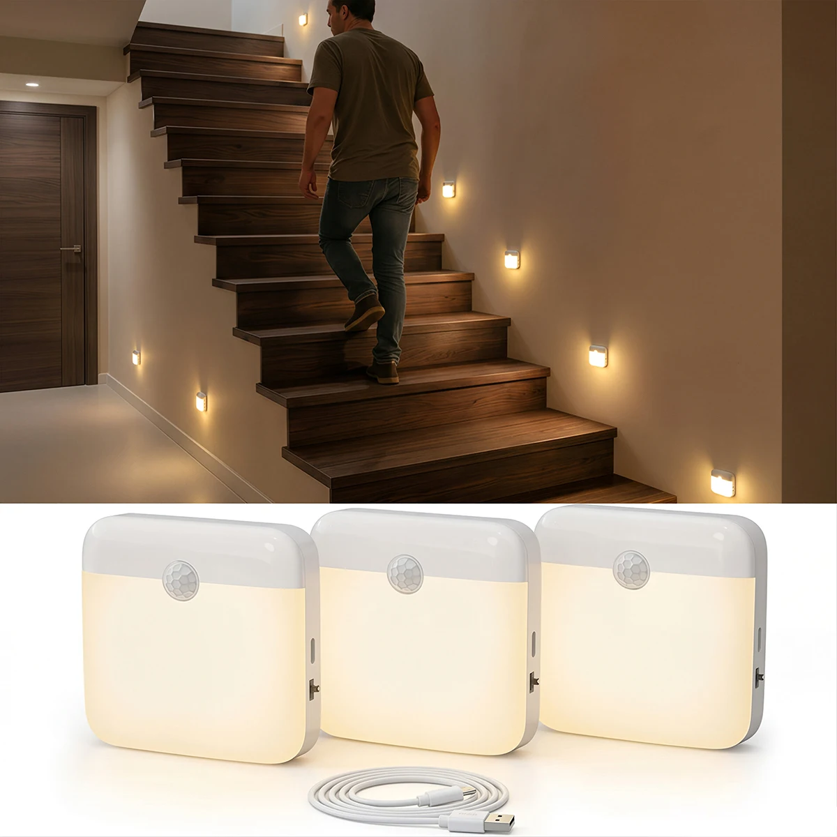 

3PCS Human Inductor Cupboard Light USB Rechargeable Motion Sensor LED Night Light for Bedroom Kitchen Stair Wardrobe Lighting