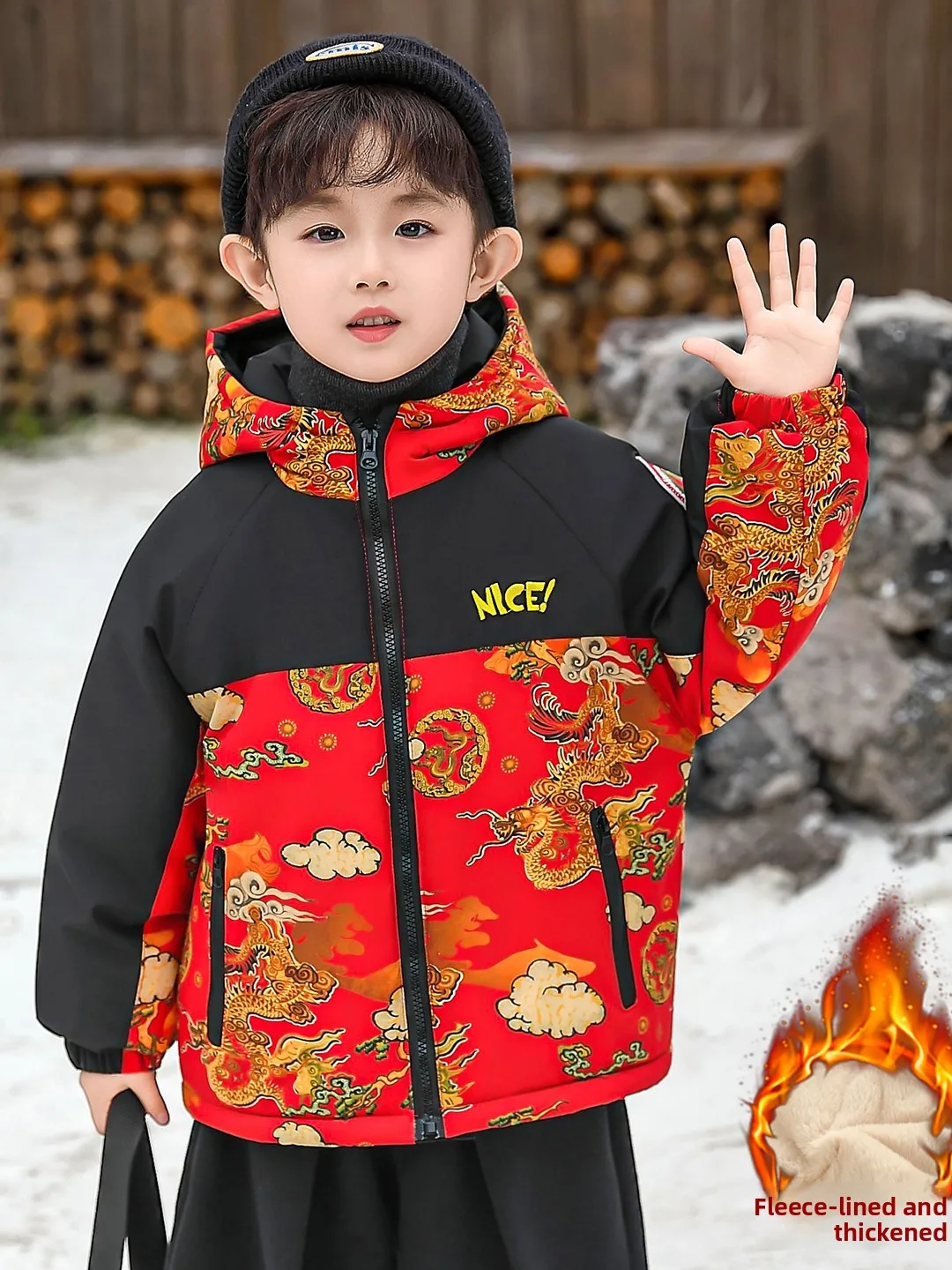 

Утепленная флисовая парка для мальчиков, коллекция «Год Дракона», теплая повседневная зимняя одежда, молодежная, свободного кроя, из полиэстера, с капюшоном