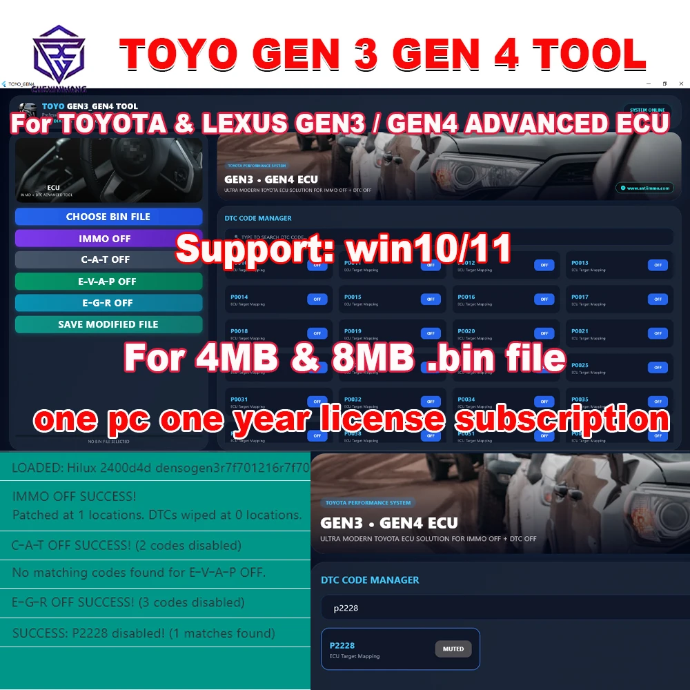 For TOYOTA for LEXUS TOYO GEN3 GEN4 ECU TOOL Software IMMO OFF DTCRemove Fault Code P-Codes U-Codes .bin File More Functions