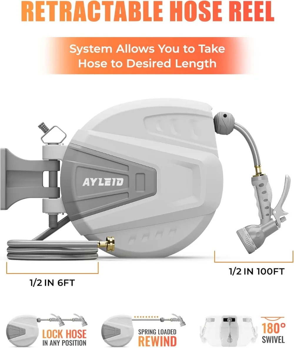 Enrouleur de Tuyau d'Arrosage Mural Rétractable, avec Buse de Pulvérisation à 9 Fonctions, Ensemble d'Invite de Comcussion à 1/2 °, Gris, 100 Pouces X 180