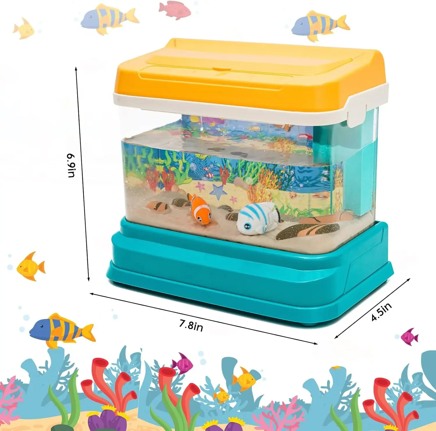 Mini acuario para niños, juguetes de pesca, pecera Artificial con peces móviles * 2 con luz USB y música, caña de pescar, cuchara de pesca