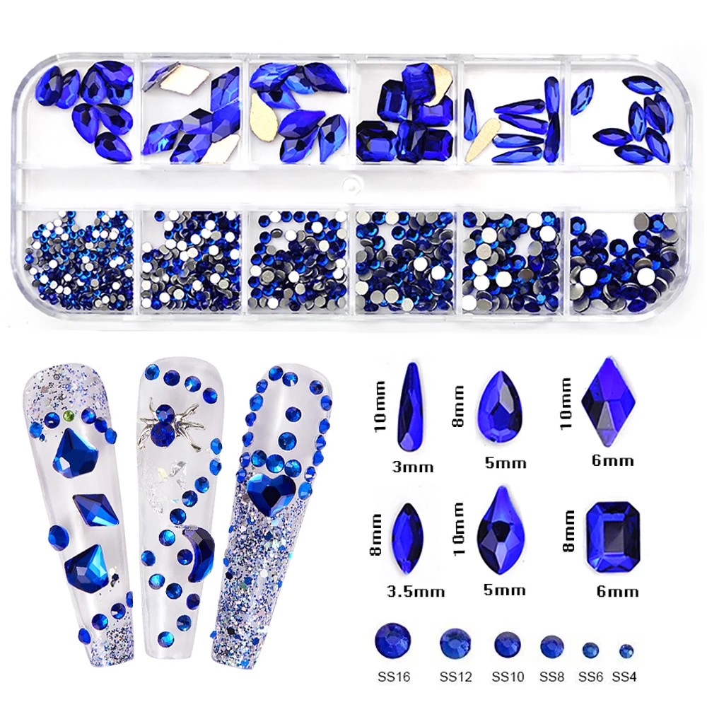 New Multi-Shapes 12 Grids Sapphire Nail Rhinestones 3D DIY Nail Art Decorations Nail Charms Accessories for Professionals