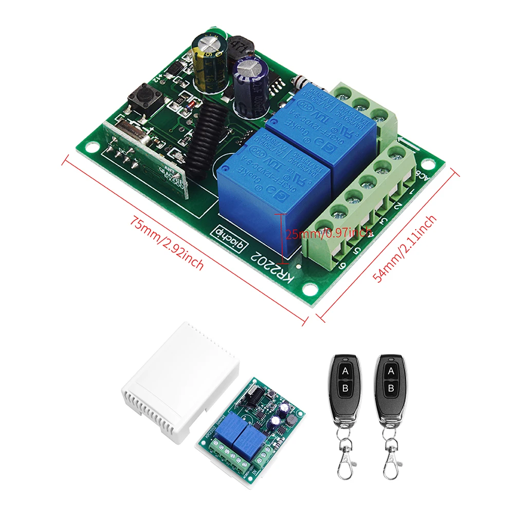 433 MHz 220 V 110 V Fernbedienungsschalter für Licht, Tür, Garage, Universal-Fernbedienung, AC 85 V ~ 250 V, 2-Kanal-Relaisempfänger und Controller3