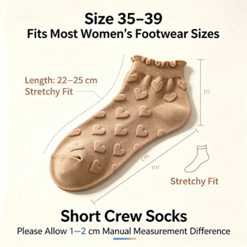 Women 5 Pairs Ruffle Cuff Ankle Socks 3D Heart Embossed Cotton Short Socks Soft Breathable Casual Daily Socks EU Size 35-39