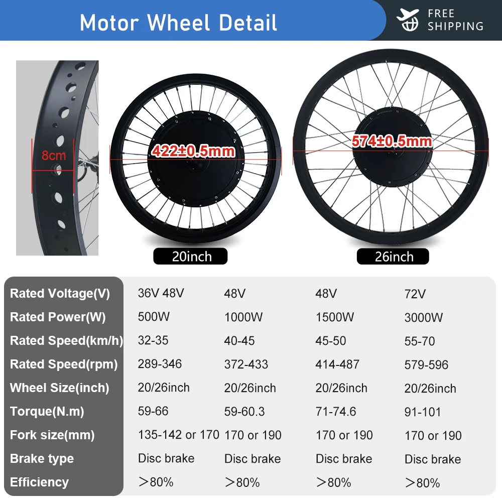 Electric Bicycle Fat Tire 36V500W 48V500W1000W1500W3000W Brushless Gearless Rear Wheel Hub Motor 20 26inch Ebike Conversion Kit