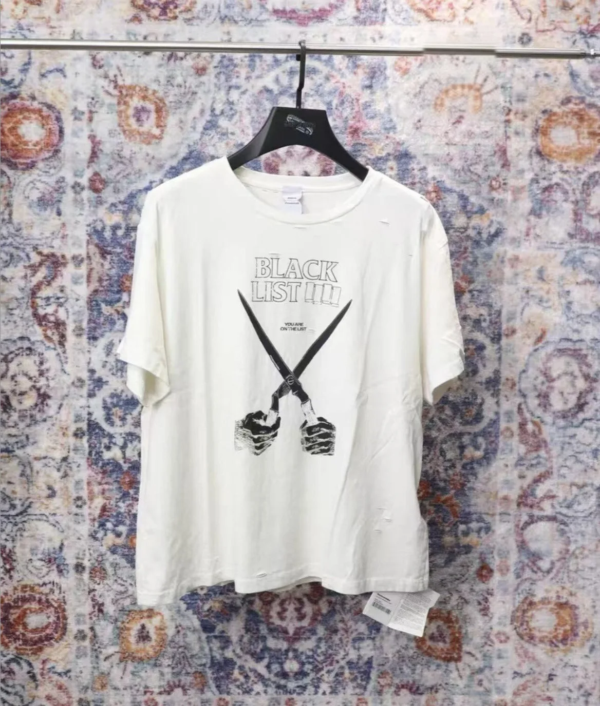 PROJECT G/R Washed distressed knife-cut torn black flag band scissors-hand short-sleeved casual T-shirt Grailz Protocol Index