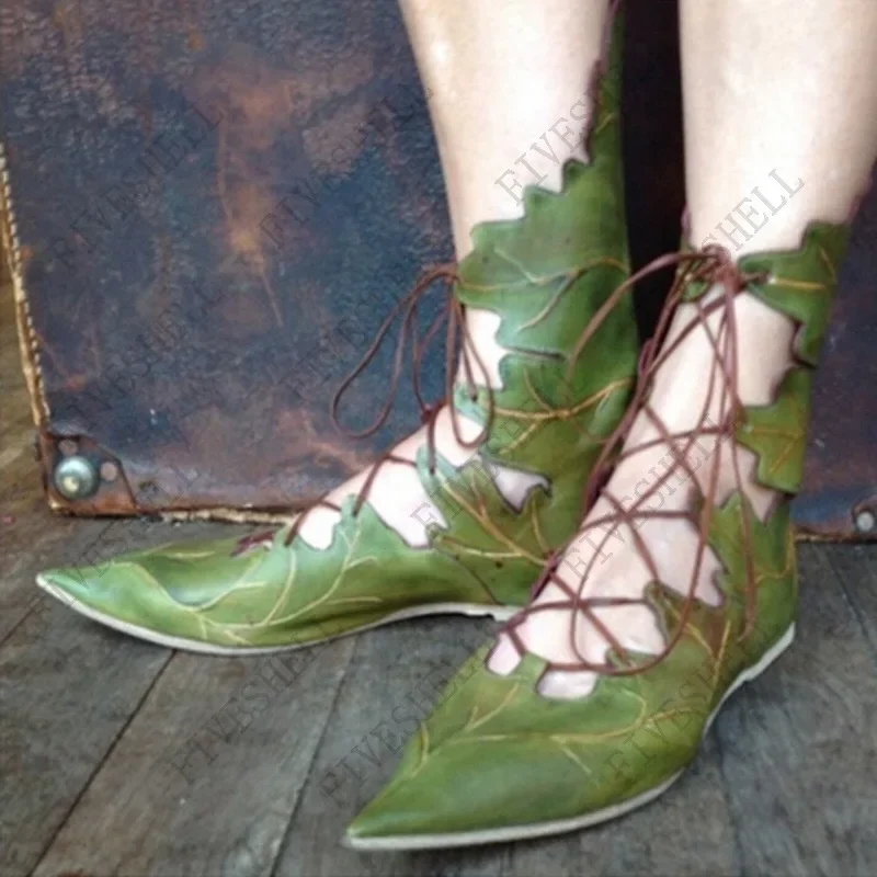 Botas con cordones de hojas de bruja de elfo gótico Retro Medieval para mujer, disfraz de Cosplay, botas de Caballero de fiesta de Carnaval de palacio de princesa Vintage