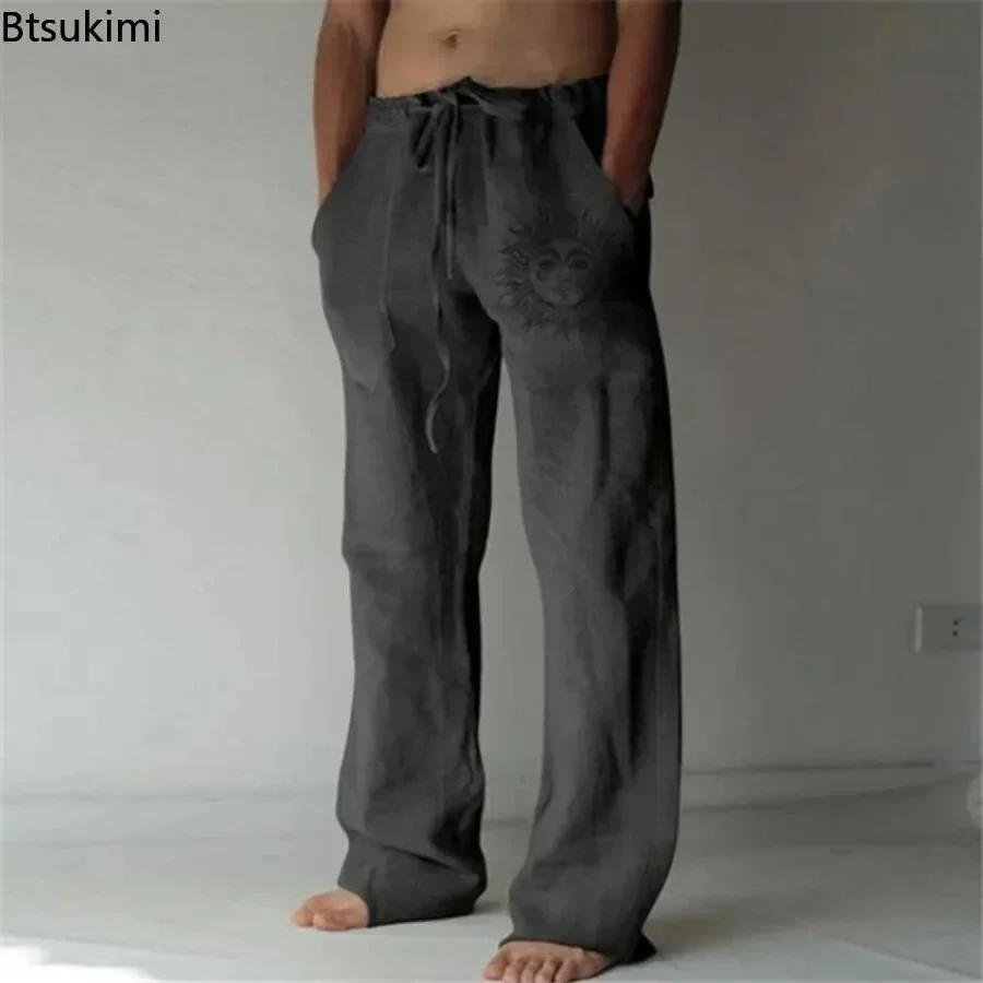 2025 Men's Cotton Linen Pants Oversized Jogger Sweatpants Casual Flower Print Plus Size Loose Wide Leg Pants Men Casual Trousers