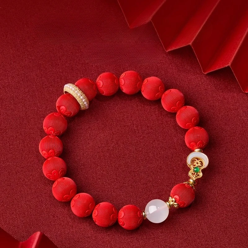 Elegant Chinese Style Lucky Cinnabar 10mm Beaded Bracelet Natural Hetian Jade 925 Silver Gourd Charm Fortune Blessing Jewelry