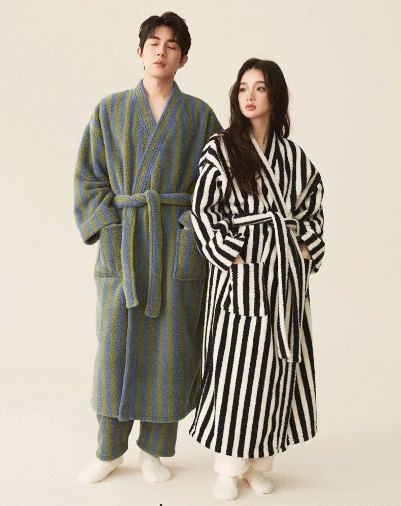 Thickened Flannel Robe Pajamas Autumn Winter New Couple Coral Velvet Women Men Bathrobe Striped Lengthed