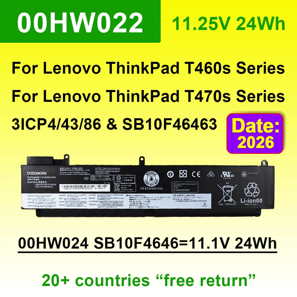 00HW022 para Lenovo ThinkPad T460s T470s Series batería del ordenador portátil 00HW023 00HW024 00HW025 01AV405 01AV406 SB10F46460 11,25 V 24Wh