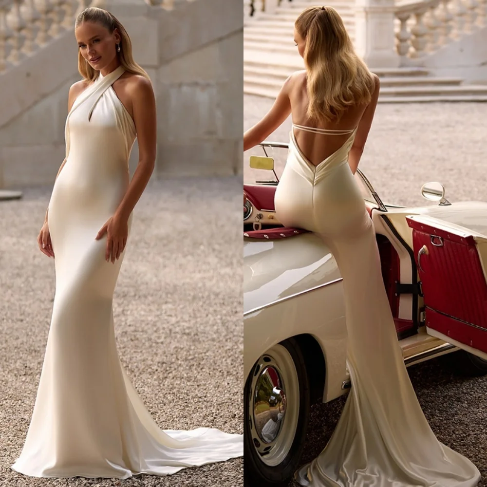 

Customized High Quality White Satin Wedding Dress Temperament Halter Sleeveless Bridal Gowns Chapel Train Backless Mermaid Dress
