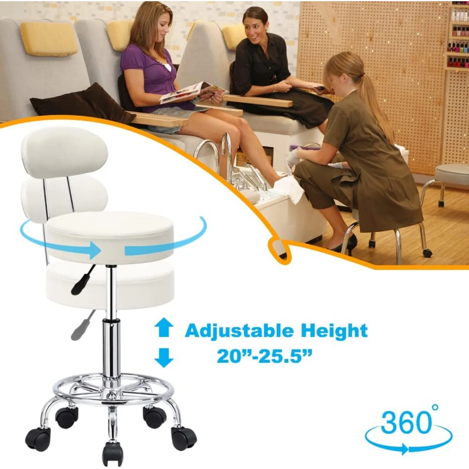 US Medical Rolling Swivel Chair with PU Leather Footrest and Backrest, Beauty Salon, Chioned Chair, US