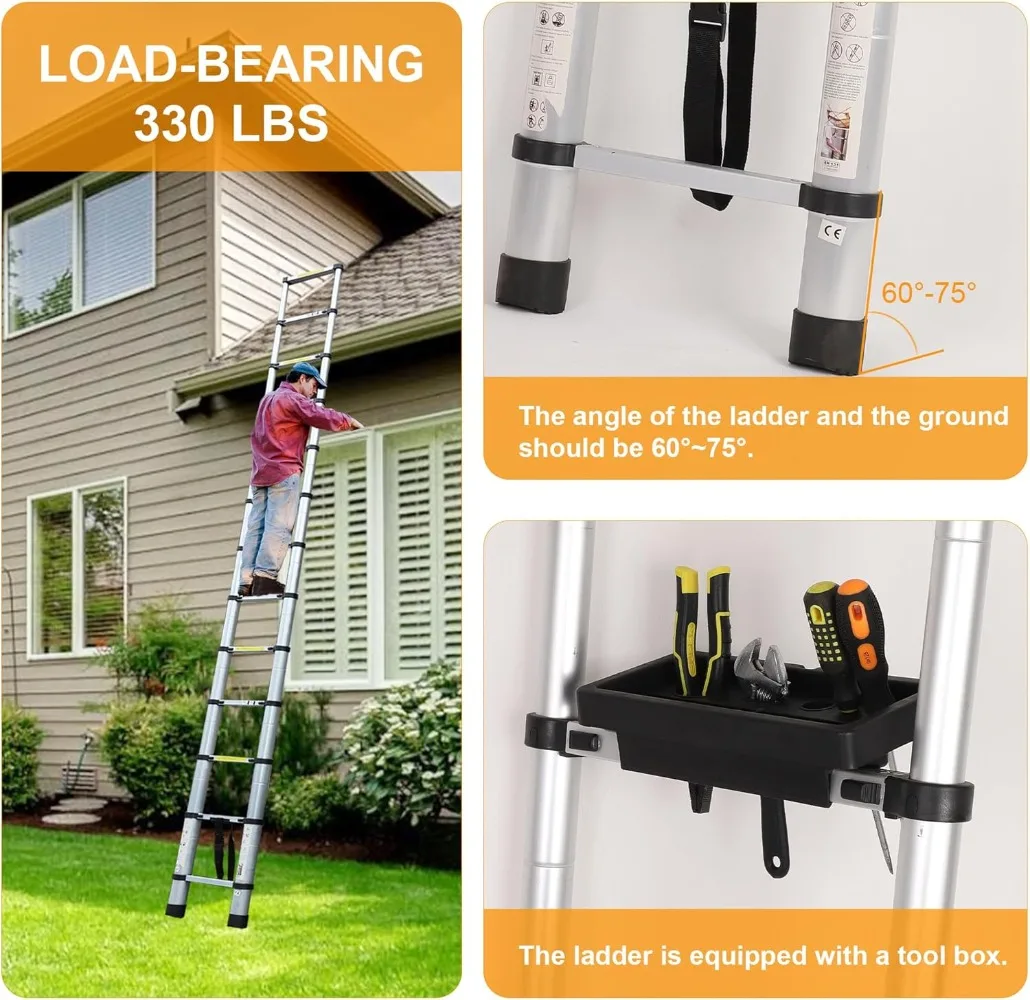 12.5 FT Telescoping Ladder, Lightweight Multi-Purpose Aluminum Extension Ladder w/Tool Tray and Non-Slip Feet, Telescopic