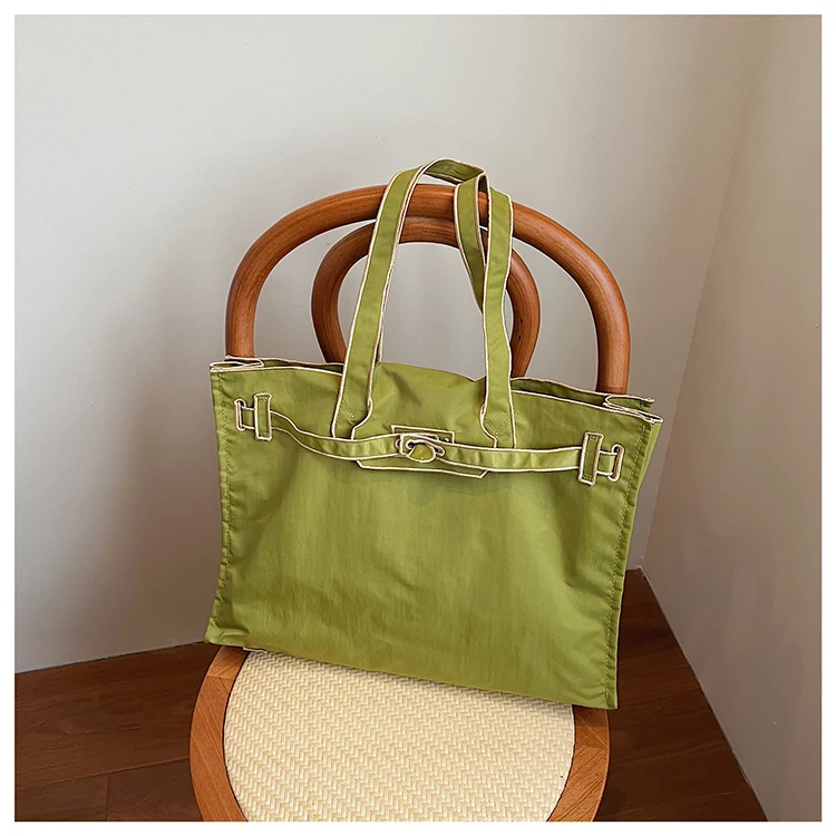 Nylon Shopper Tote Bag Women Contrast Pink Edge Belt Decoration Large Shoulder Handbag For Daily Work School