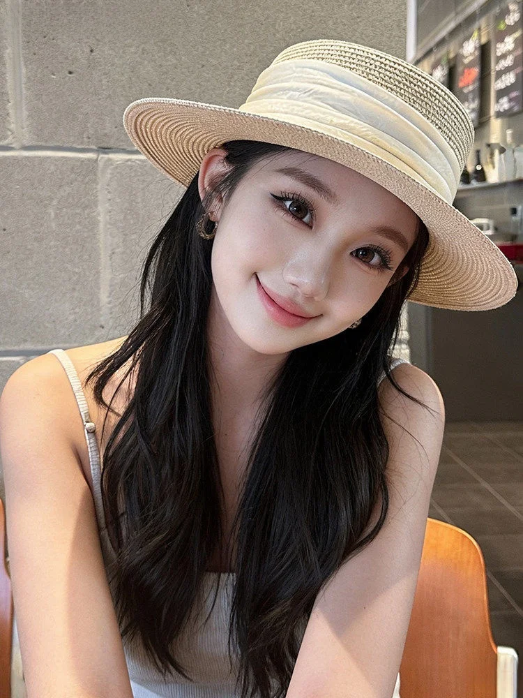 monstar-2026-new-style-women's-flat-top-straw-hat-wide-brim-sunshade-fashionable-breathable-adjustable-spring-summer-hat