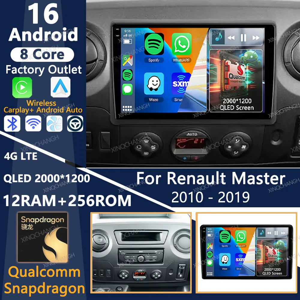 Rádio Automotivo Android 16 para Renault Master 2010 - 2019, para Nissan NV400 2010 - 2020, para Opel Movano 2 2010 - 2019, Unidade Principal QLED com Bluetooth