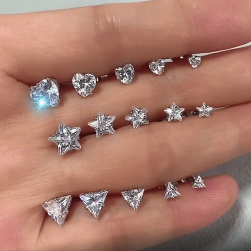 Stainless Steel Star Heart Triangle Zircon Black Stud Earrings For Women Tragus Conch Rook Helix Piercing Earrings Jewelry