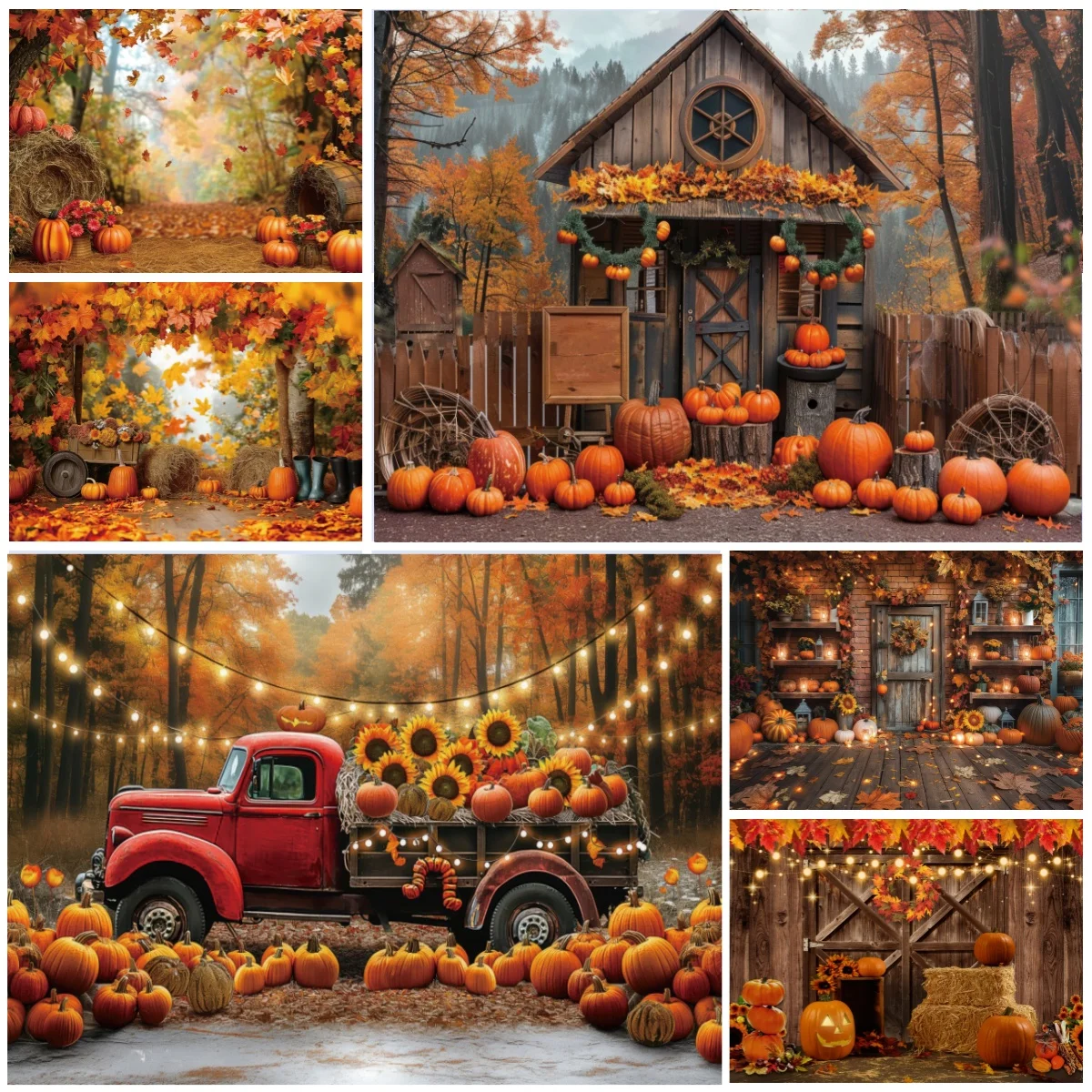 

Fall Farm Harvest Backgrounds For Photographs Leaves Wooden House Sunflowers Pumpkin Thanksgiving Party Photography Backdrop
