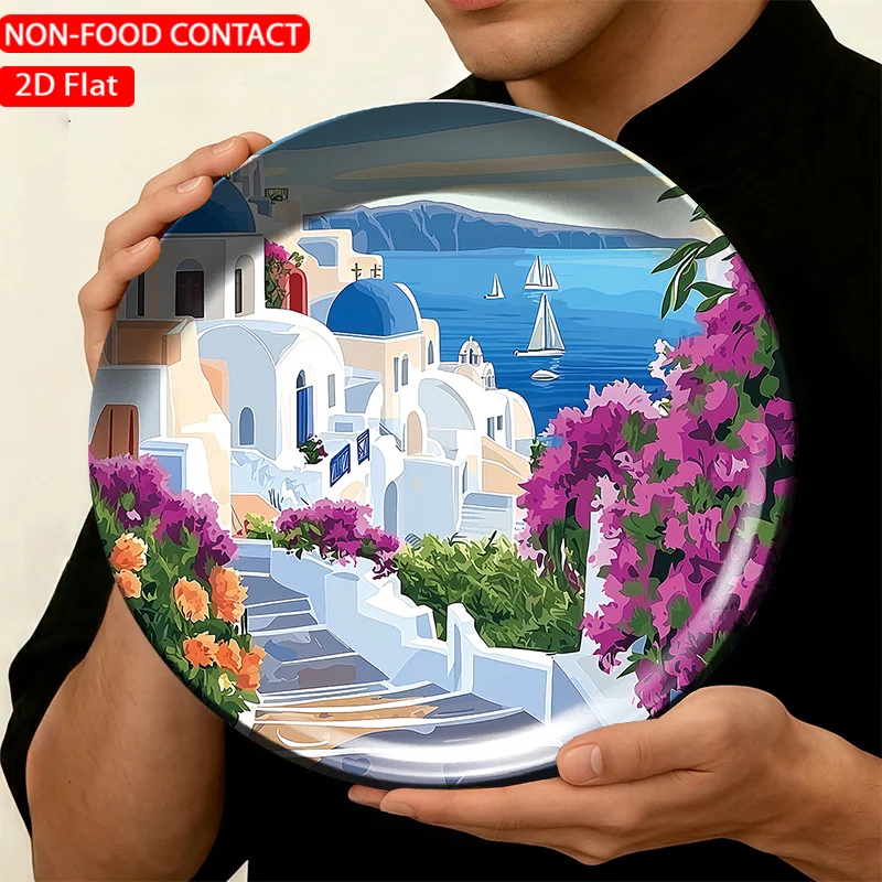 1 unidade Prato de Cerâmica FORJN com Paisagem Grega de Santorini - Decoração Moderna Grega para Parede/Mesa, Redondo, Ideal para Decoração na Cozinha