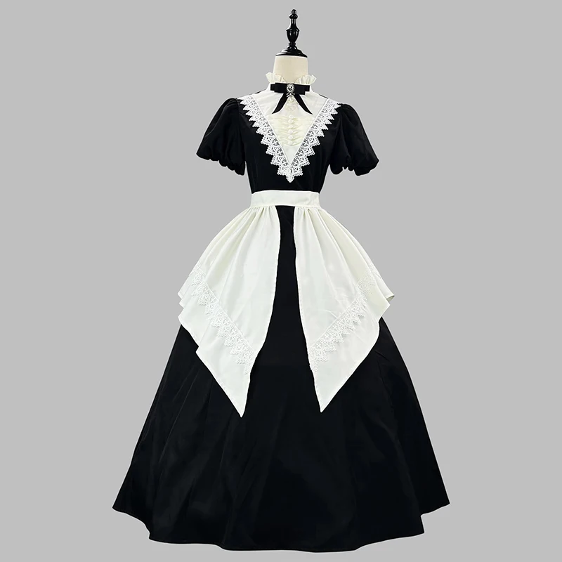 

S-5XL Gothic Black Short/Long Apron Dress Oversleeves Maid Outfit Nun Clothing Halloween Carnival Party Servant Cosplay Costume