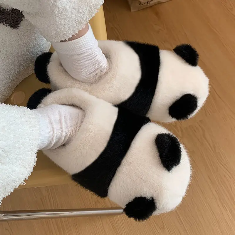 Panda cotton slippers for outdoor wear in autumn and winter, plush slippers for home use, non slip cotton shoes