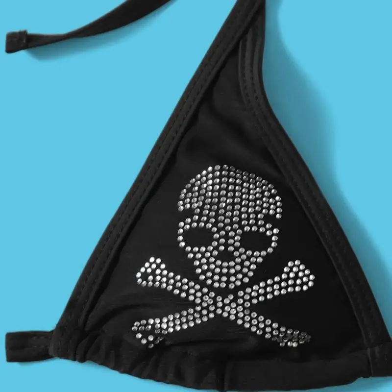 Conjunto de bikini de natación de verano de estilo gótico punk con diseño de chica con diamantes y cuello sin espalda sexy
