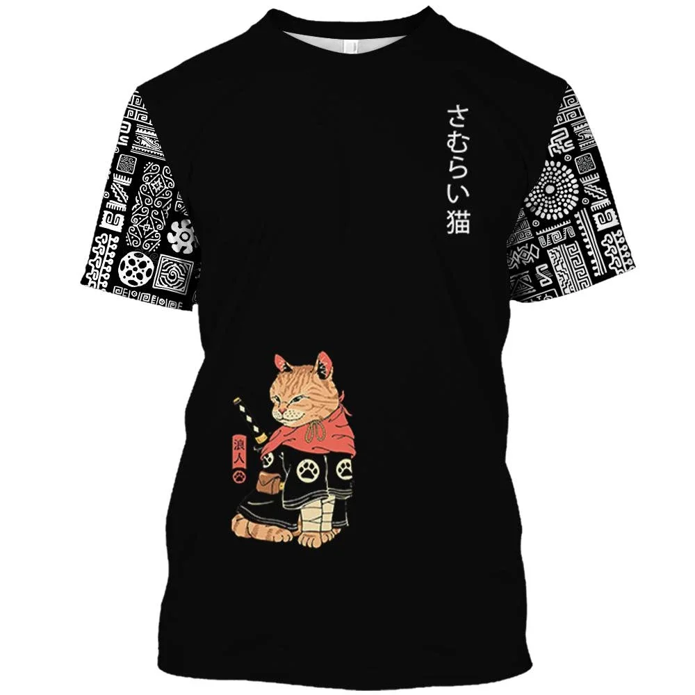 Men's Black Samurai Cat Element Pattern Short Sleeve Men's Fashion Trend Casual Comfort Short Sleeve Men's Sport Short Sleeve