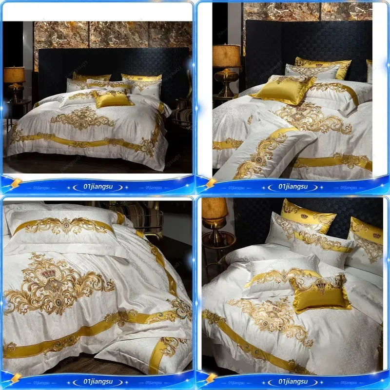 1000TC Egyptian Cotton Bedding Set Luxury White Golden Embroidery Duvet Cover Ultra Soft Chic Bedspread Pillowcases 4 6 10