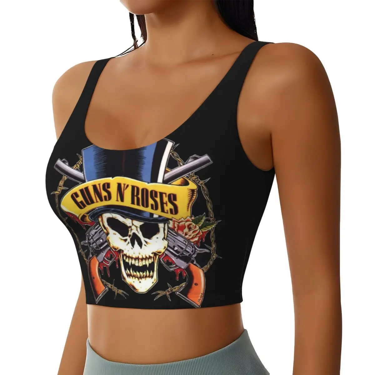 حمالة صدر رياضية معدنية ثقيلة بشعار Guns N Rose مخصصة للنساء، قميص قصير لليوجا عالي التأثير #2