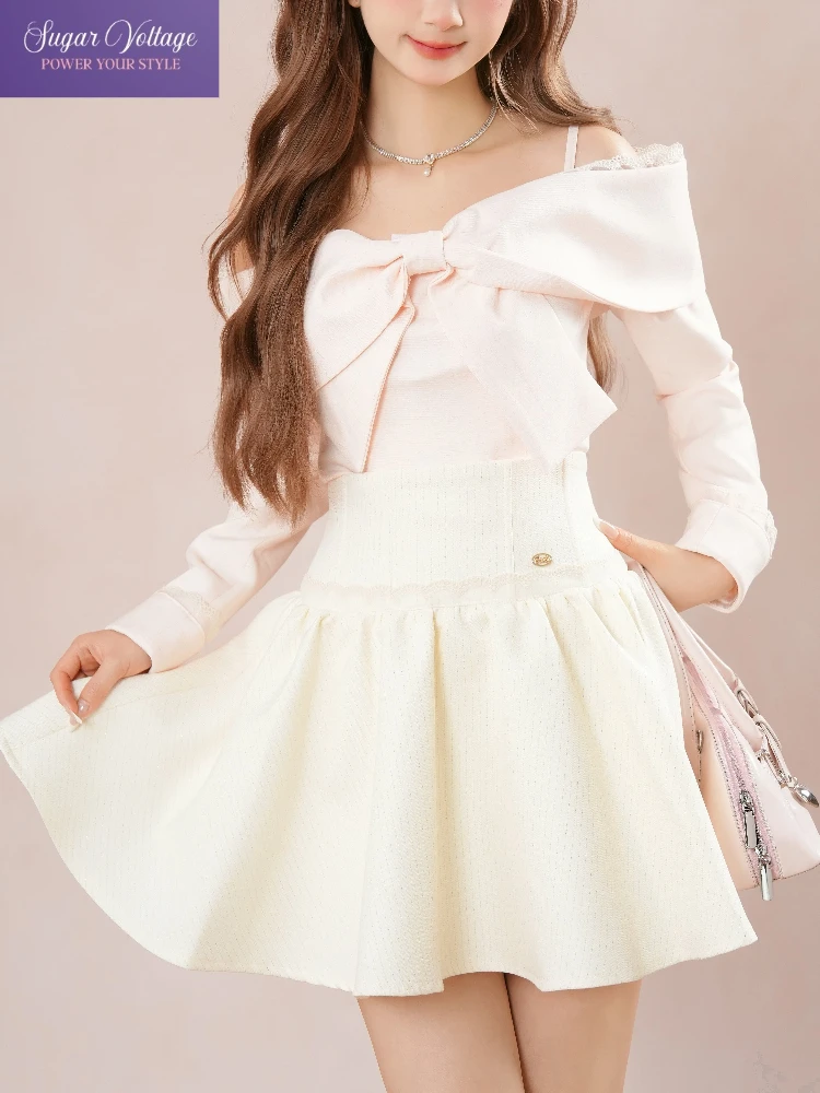 

Корейский модный розовый топ с открытыми плечами и бантом на бретельках и пышная юбка с высокой талией, комплект из двух предметов, женский осенне-зимний милый элегантный наряд