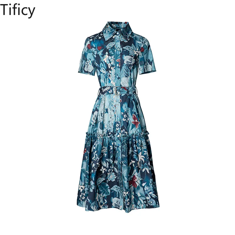 

TIFICY Women's Temperament Versatile Cotton New Item Blue Pure Cotton Positioning Direct Spray Printed Loose Large Swing Dress