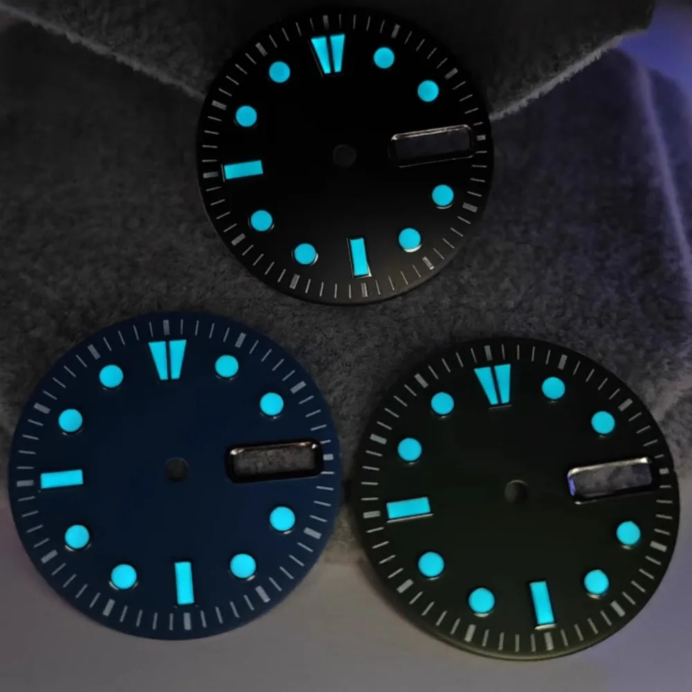 28.5mm NH36 Watch Dial BGW9 Ice Blue Luminous Watch Faces with Dual Date Calendar Window Watch Accessory for NH36 Movement