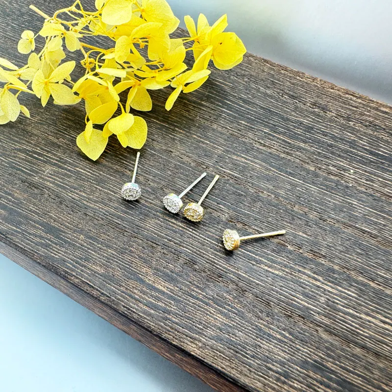 

Delicate Round Shaped Copper Plated Gold or Silver Stud Earrings with Zircon Inlay Minimalist and Elegant Women Unique Jewelry